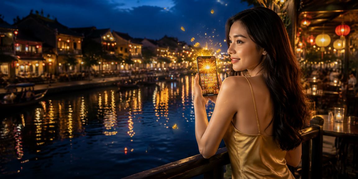 Người dùng chơi slot game tại quán cà phê yên bình ở Hội An